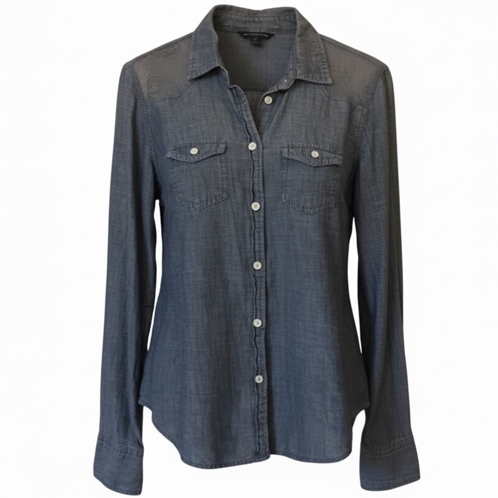 Chambray lace Boho western denim button up shirt coastal cowgirl pearl buttons